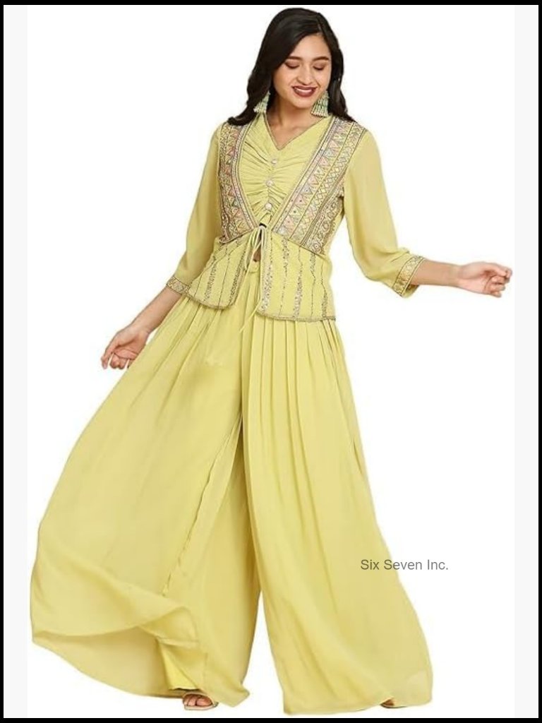 Georgette Embroidered Crop Top Palazzo Jacket 3-Piece Set